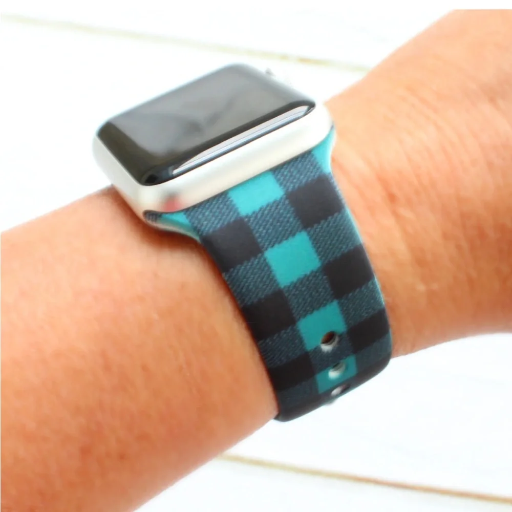 🆕 Silicone Buffalo Plaid Print Teal & Black Apple Watch Band- Sz M/L 42/44